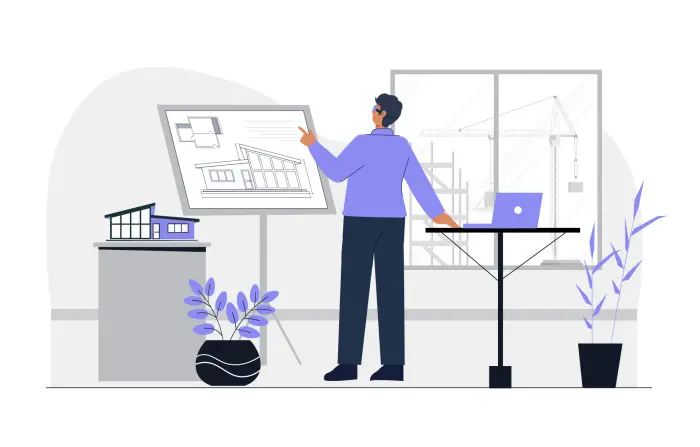 Male Engineer Working on a Plan in the Office Vector Character Illustration